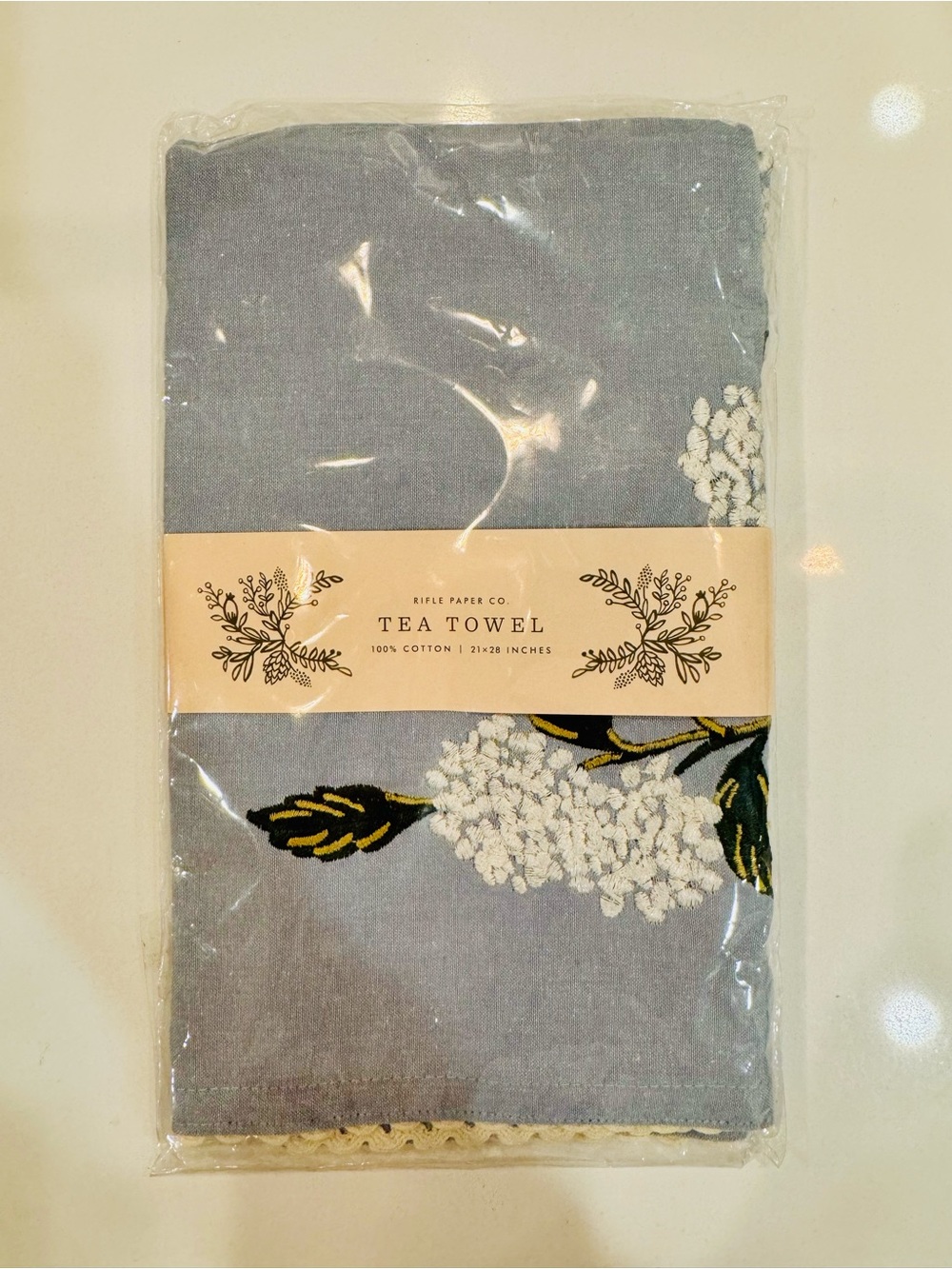 Rifle Paper Co. Embroidered Floral Tea Towel NWT Blue Gray 100% Cotton 21x28